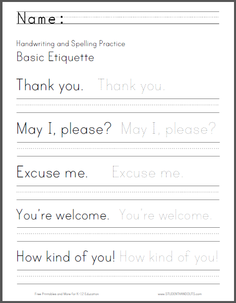 Printables Handwriting Worksheets Printables basic etiquette handwriting worksheet student handouts