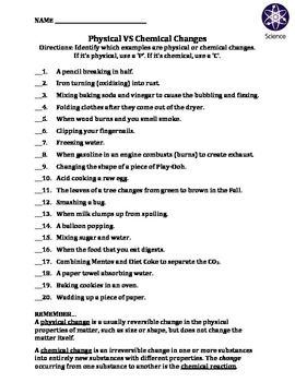 Printables Physical And Chemical Change Worksheet worksheet physical vs chemical changes change...