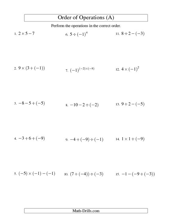 Printables Order Of Operations Worksheets 7th Grade order of operations worksheet integers two steps including negative