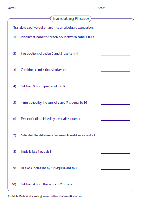 Printables 2 Step Algebra Equations Worksheets two step equation worksheets in these translate the given algebraic phrases into equations