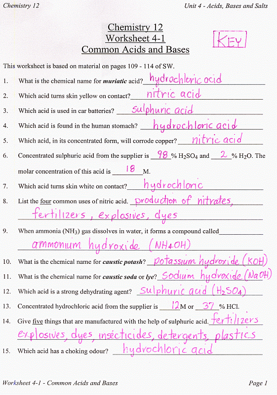 Printables Acids And Bases Worksheet Answers acids and bases worksheet answer key davezan acid davezan