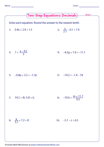 Printables 2 Step Algebra Equations Worksheets two step equation worksheets equations decimals preview