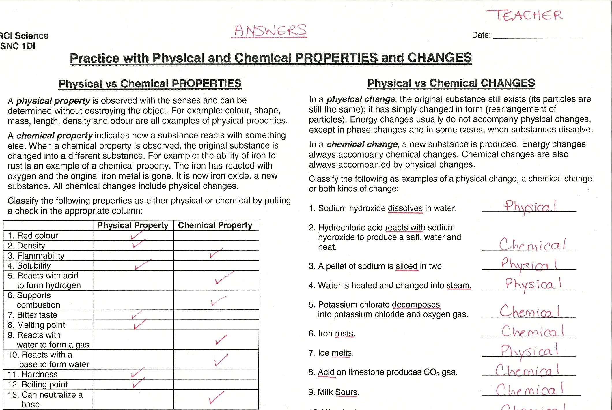 Printables Physical And Chemical Change Worksheet physical chemical change worksheet davezan...