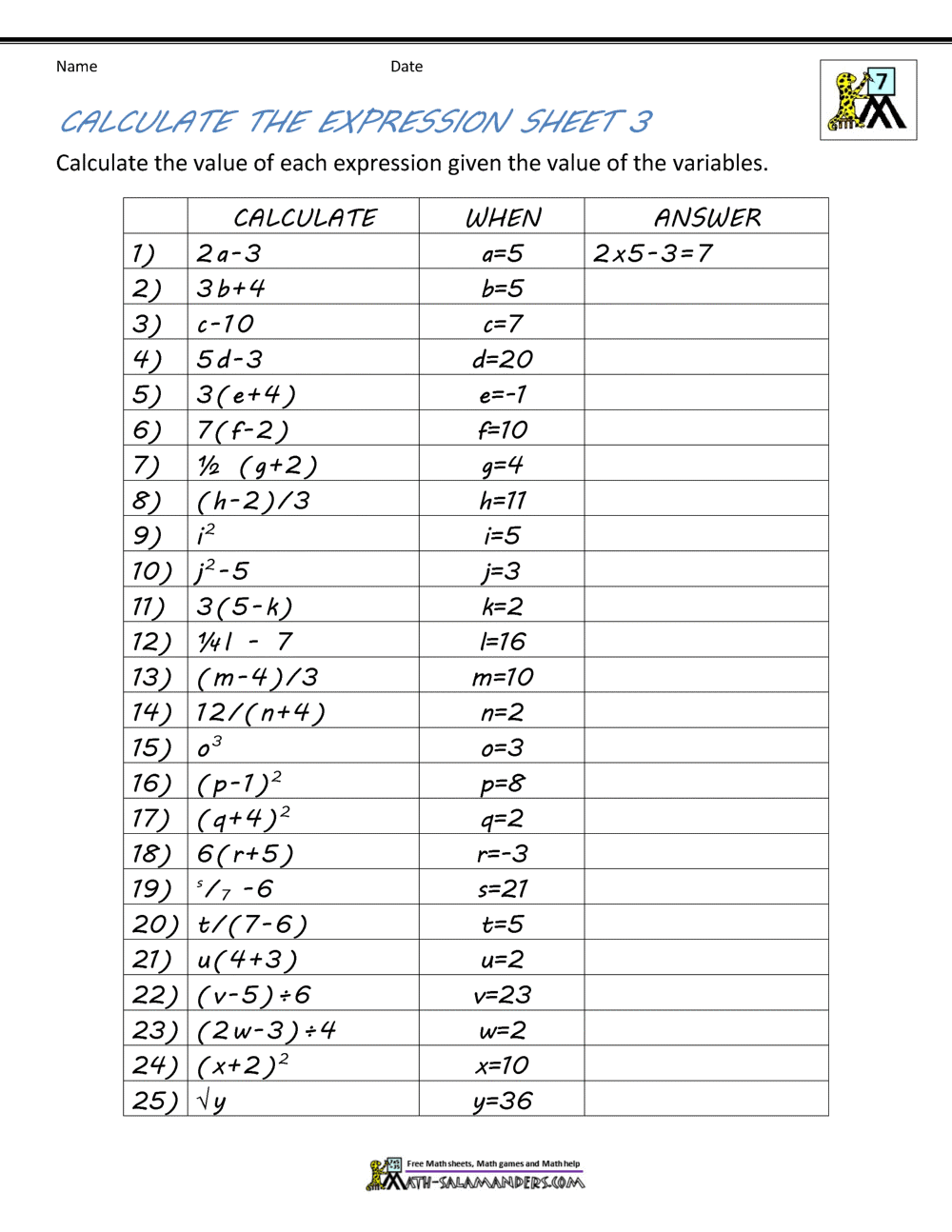 Printables Math Worksheets For 7th Graders basic algebra worksheets 7th grade math calculate the expression 3