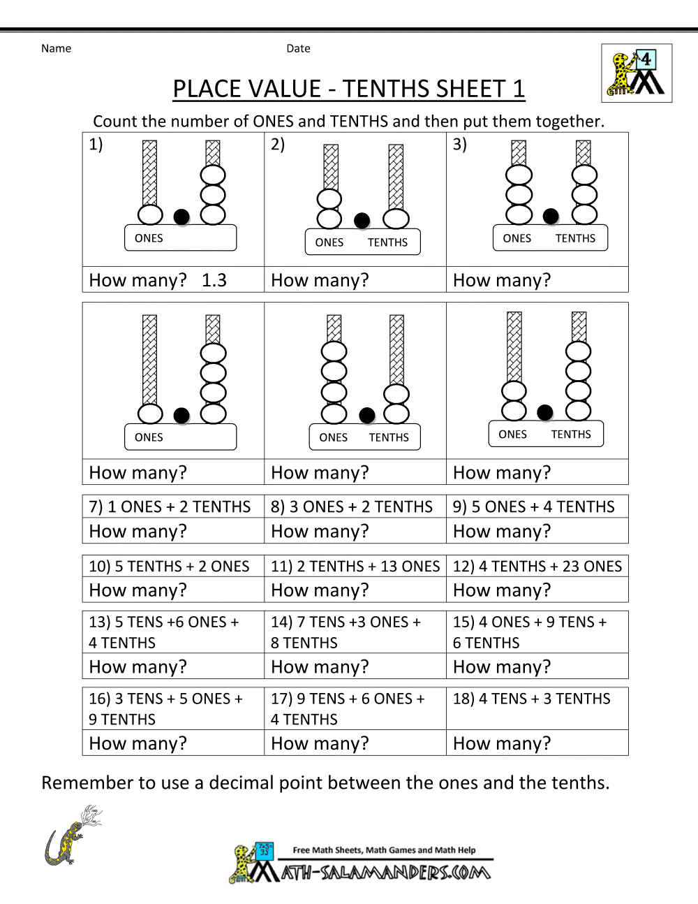 Printables 4th Grade Math Decimals Worksheets decimal place value worksheets 4th grade tenths 1
