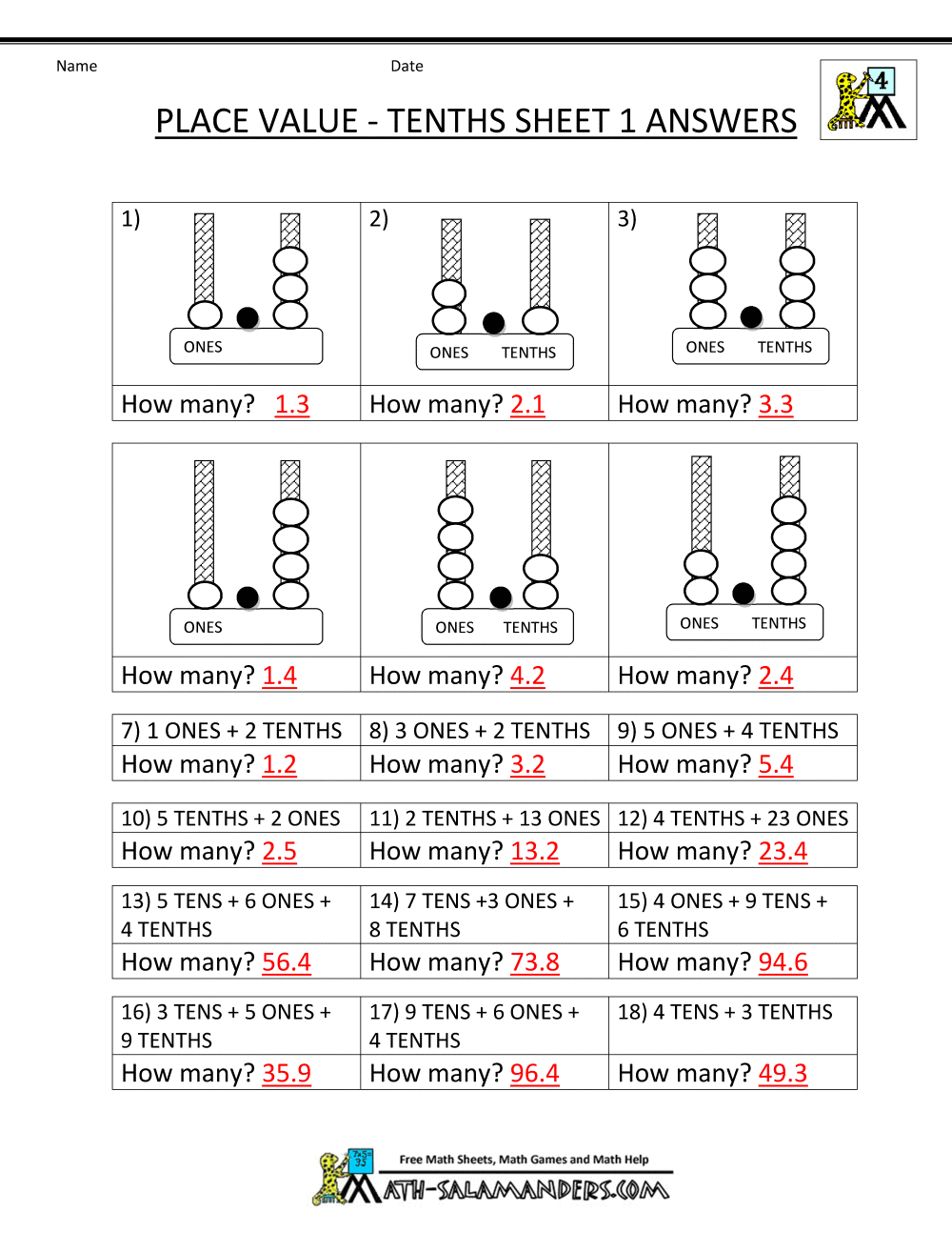 Printables 4th Grade Math Decimals Worksheets decimal place value worksheets 4th grade tenths sheet 1 answers free math worksheets