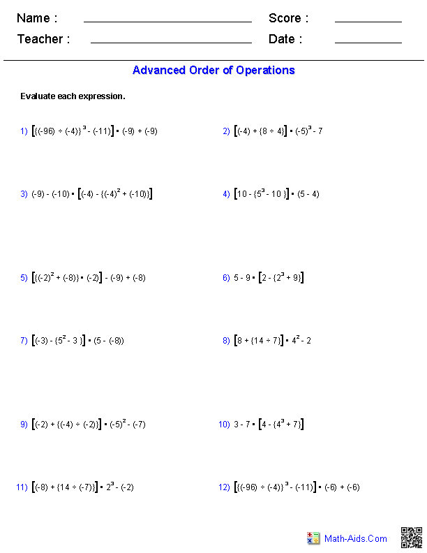 Printables Order Of Operations Worksheets 7th Grade order of operations worksheets advanced problems