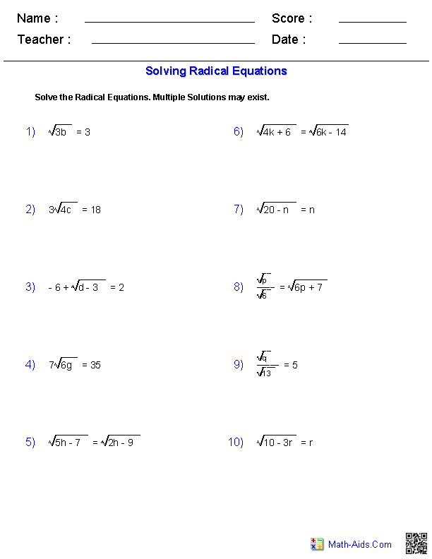 Printables Advanced Algebra Worksheets With Answers exponents and radicals worksheets equations worksheets