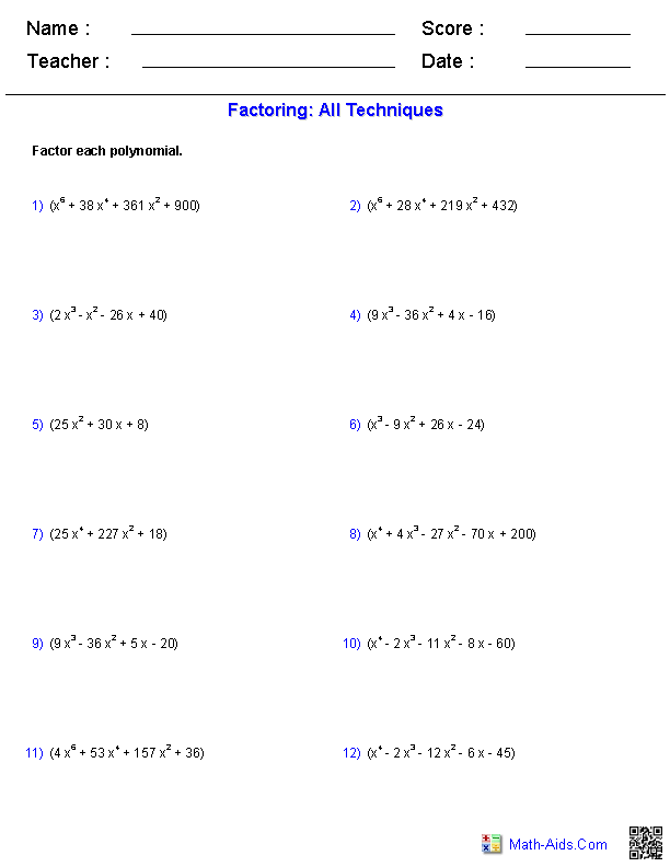 Printables Advanced Algebra Worksheets With Answers algebra 2 worksheets polynomial functions factoring all techniques worksheets