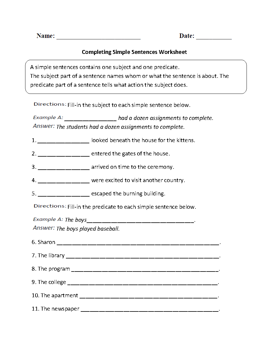 Printables Simple Sentence Worksheet sentences worksheets simple worksheet