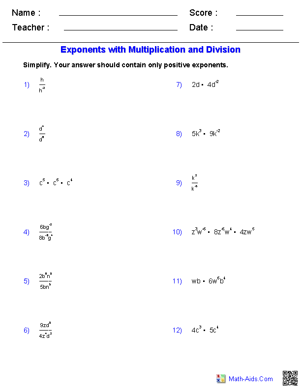 Printables Multiplying And Dividing Exponents Worksheet algebra 1 worksheets exponents with multiplication and division worksheets