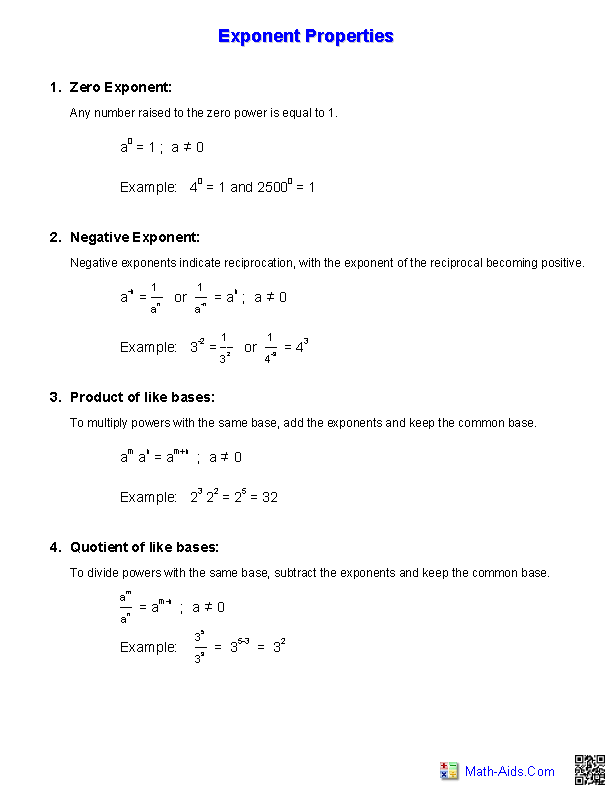 Printables Multiplying And Dividing Exponents Worksheet algebra 1 worksheets exponents properties handout