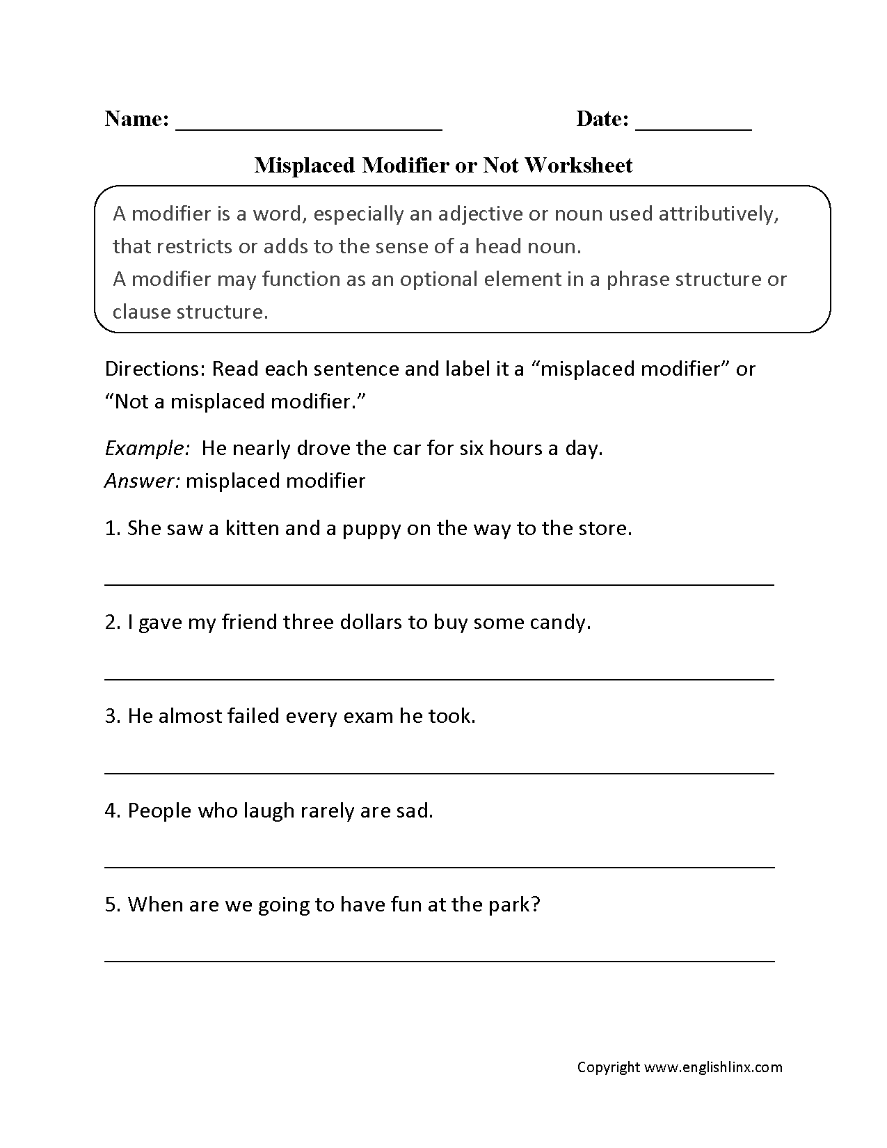 Printables Misplaced Modifiers Worksheet word usage worksheets using modifiers misplaced...