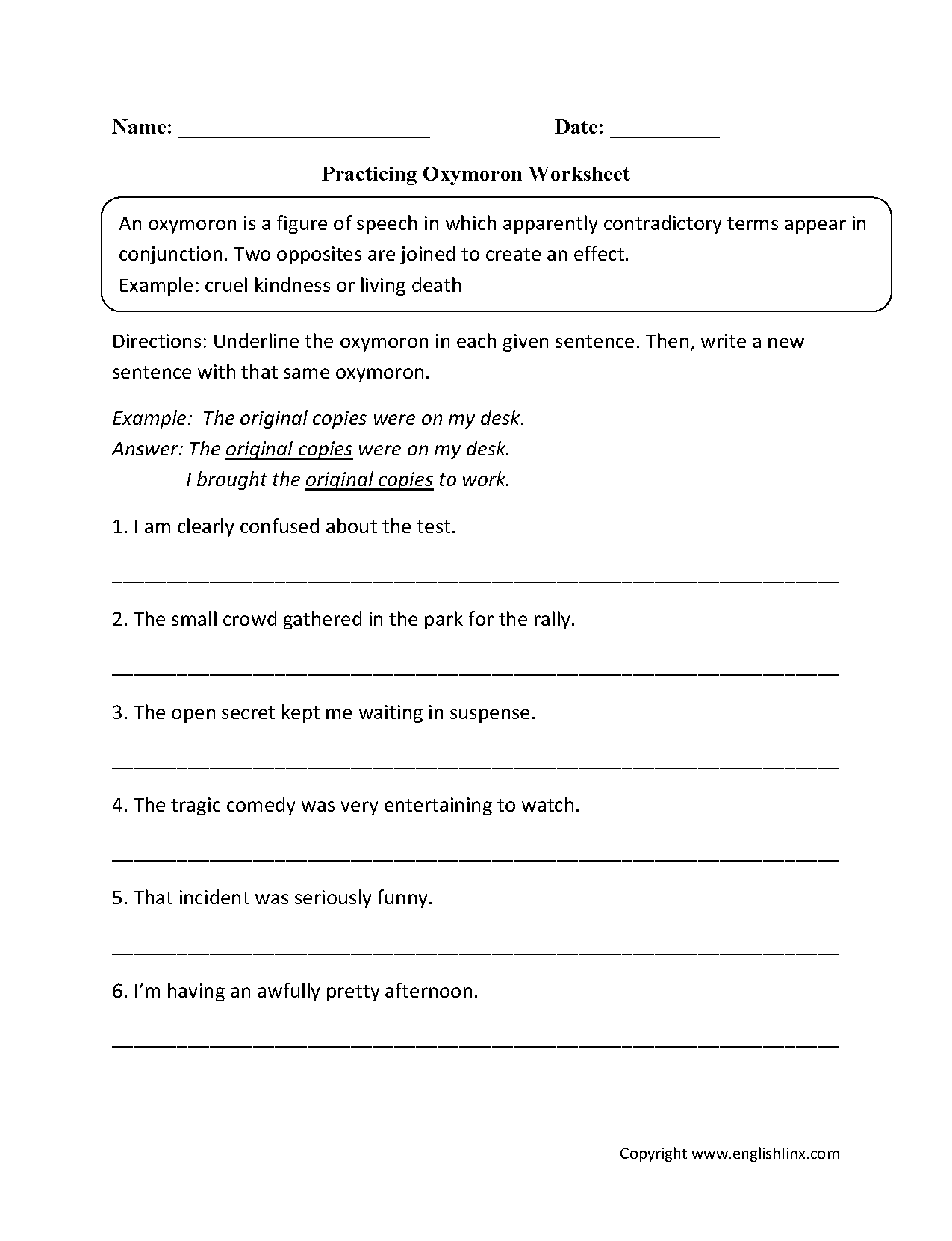 Printables Oxymoron Worksheet figurative language worksheets oxymoron practicing worksheet onomatopoeia worksheet