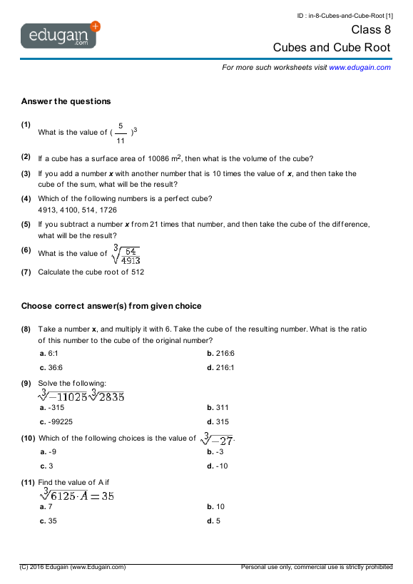 Printables Cube Roots Worksheet grade 8 math worksheets and problems cubes cube root contents root