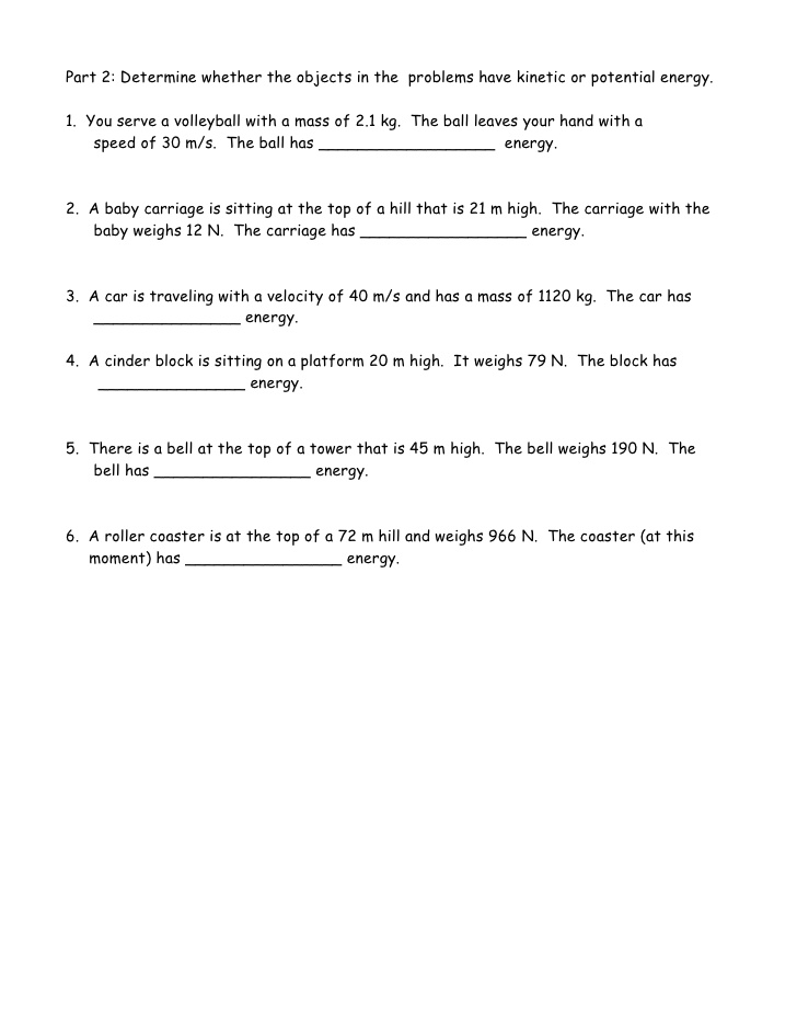 Printables Kinetic And Potential Energy Worksheet kinetic vs potential energy worksheet