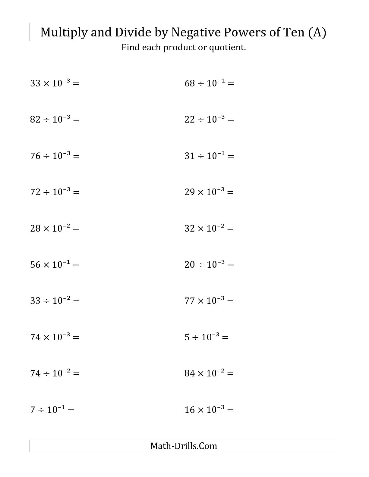Printables Multiplying And Dividing Exponents Worksheet multiplying and dividing exponents worksheets davezan whole numbers by negative powers of ten collection worksheet