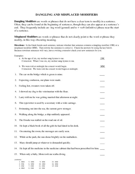 Printables Misplaced Modifiers Worksheet correcting misplaced and dangling modifiers pdf...