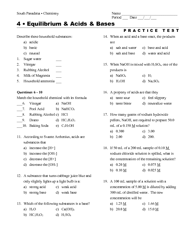Printables Acids And Bases Worksheet Answers acids and bases worksheet answers precommunity printables worksheets equilibrium 9th 12th grade lesson planet