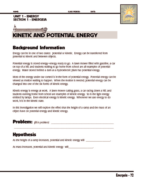 Printables Kinetic And Potential Energy Worksheet investigation kinetic and potential energy 5th 8th grade worksheet lesson planet