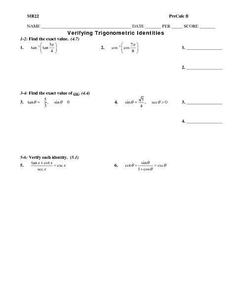 Printables Trig Identity Worksheet printables trig identity worksheet safarmediapps worksheets verifying trigonometric identities 10th 12th grade lesson planet