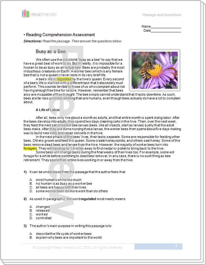 Printables Read Theory Grade 7 Answer Key grade 7 page 1 read theory workbooks busy as a bee 7g 970l