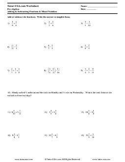 Printables Pre Algebra Worksheet worksheet mixed numbers add and subtract fractions worksheet