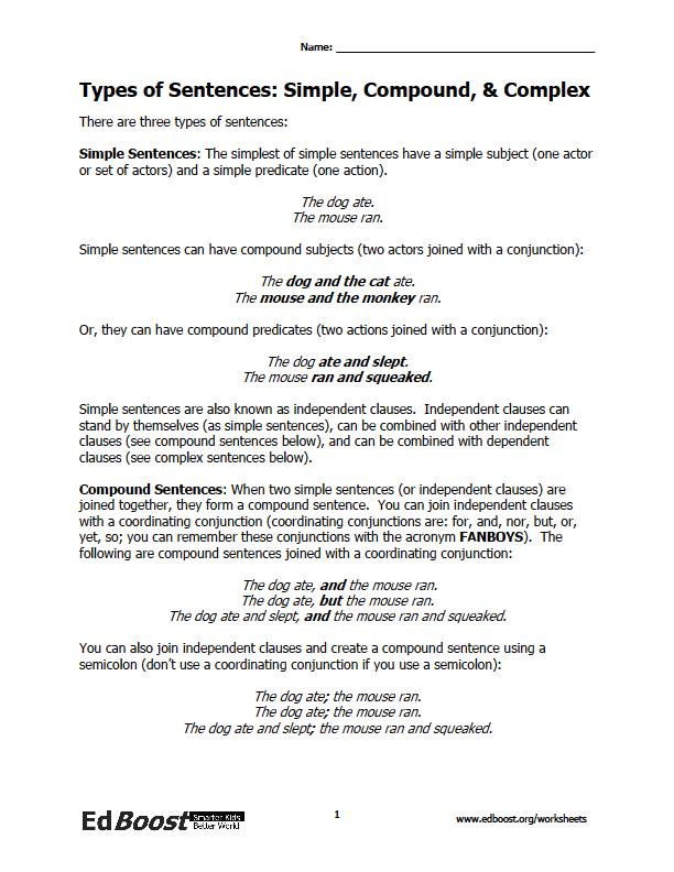 Printables Quiz On Types Of Sentences Simple Compound Complex Compound-complex compound sentence worksheets writing worksheet activity simple and complex sentences sentence