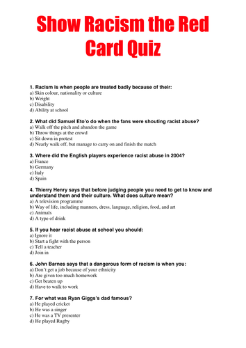 Printables Racism Worksheets printables racism worksheets safarmediapps by michael gamble teaching resources tes show the red card quiz docx