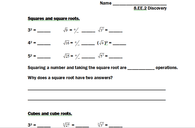 Printables Cube Roots Worksheet 8 ee 2 square and cube root solutions strickler wms 8th grade math picture
