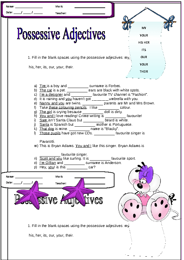 Printables Possessive Adjectives Worksheet possessive adjectives elementary worksheet