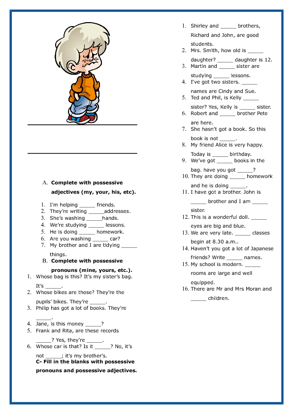 Printables Possessive Adjectives Worksheet possessive adjectives and pronouns worksheet