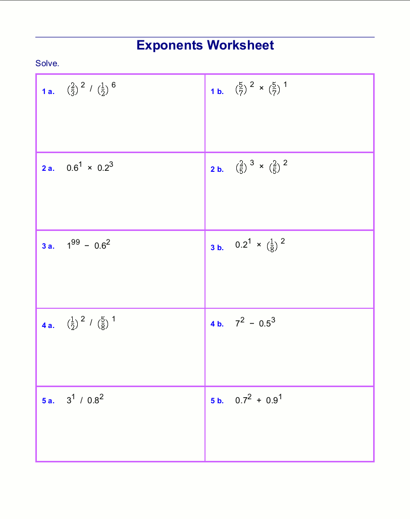 Printables Multiplying And Dividing Exponents Worksheet free exponents worksheets addsubtractmultiplydivide powers bases are integers fractions and decimals