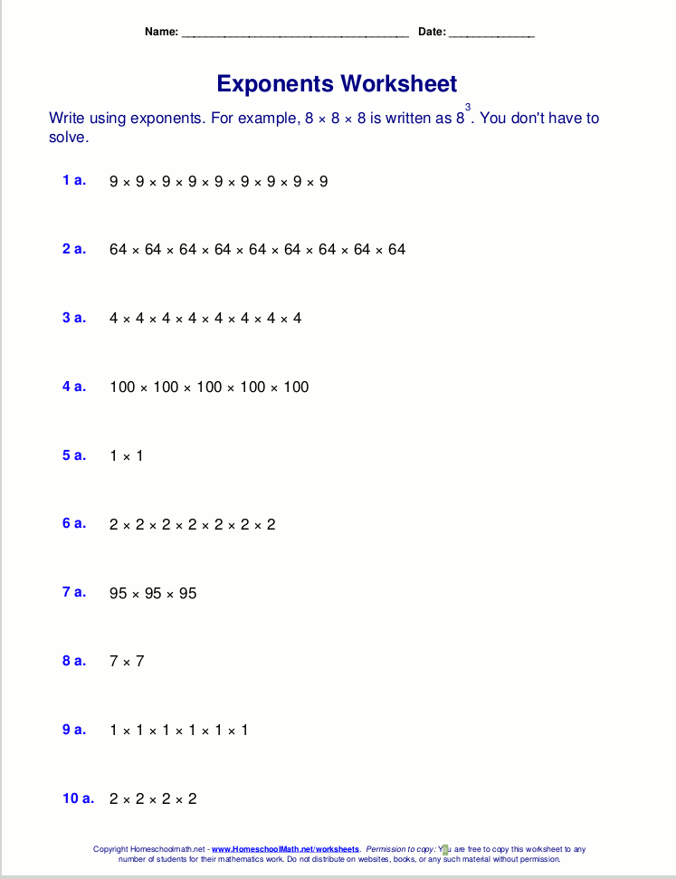 Printables Multiplying And Dividing Exponents Worksheet free exponents worksheets write repeated multiplications using exponents