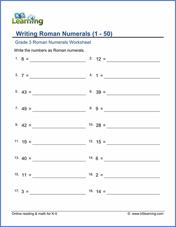 Printables Roman Numerals 1-50 grade 3 roman numerals worksheets free printable k5 learning...