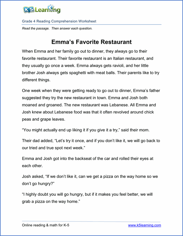 Printables Short Comprehension Passages For Grade 4 free printable fourth grade reading comprehension worksheets k5 4 worksheet