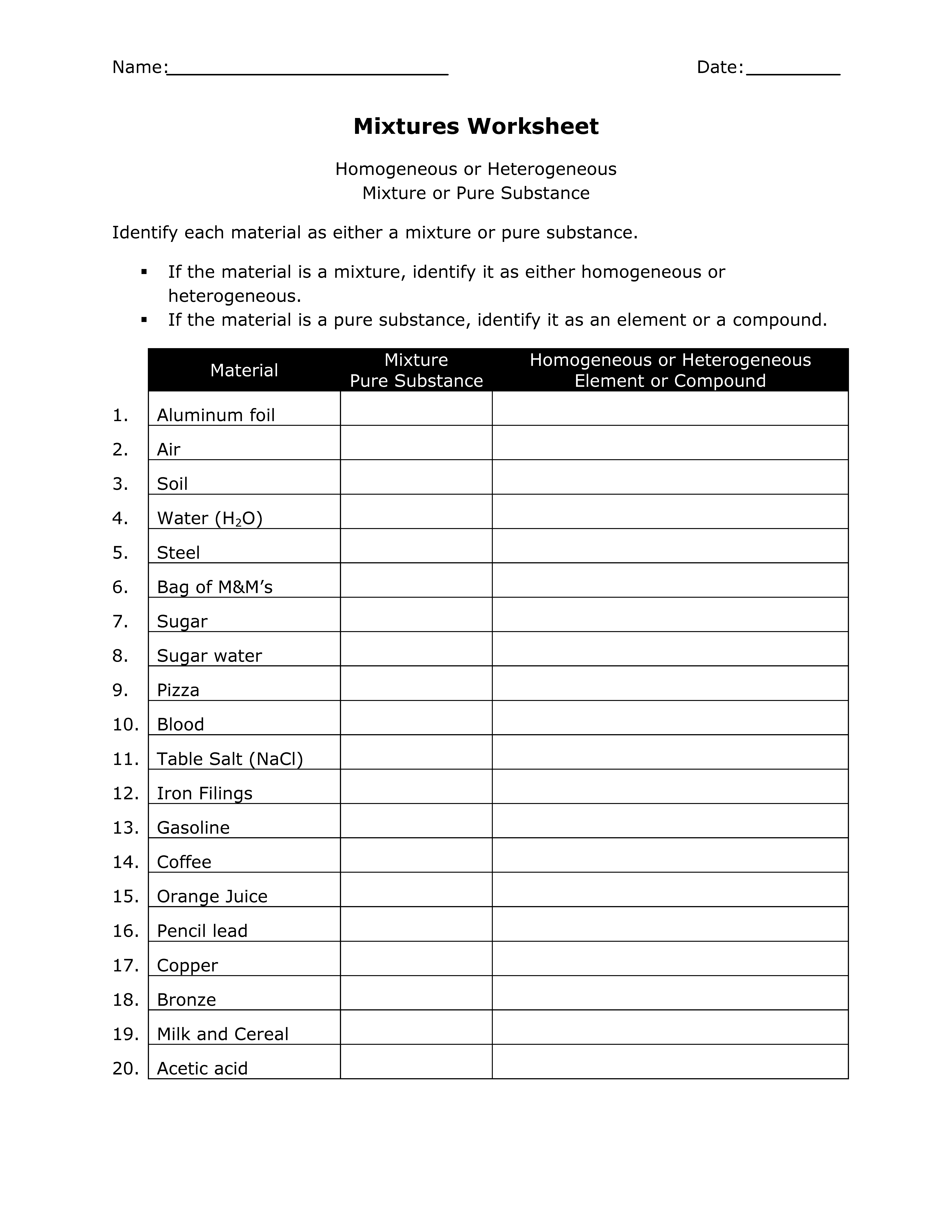 Printables Mixture Worksheet homogeneous or heterogeneous mixtures practice worksheet worksheet