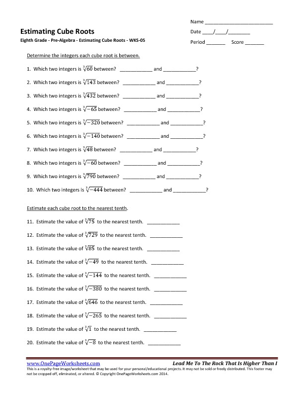 Printables Cube Roots Worksheet eighth grade estimating cube roots worksheet 05 one page worksheets pre algebra roots