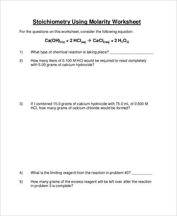 Printables Stoichiometry Worksheets sample stoichiometry worksheet 9 examples in word pdf molarity worksheet