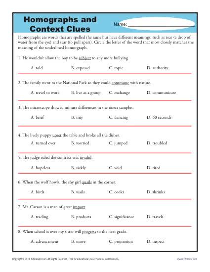 Printables Context Clues Worksheet homographs and context clues high school worksheets clues