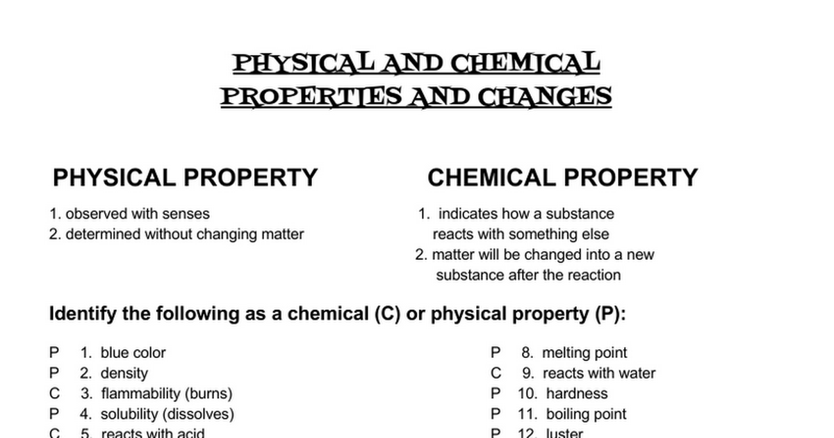 Printables Physical And Chemical Change Worksheet answers physicalchemical propertieschange...